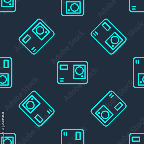 Green line Action extreme camera icon isolated seamless pattern on blue background. Video camera equipment for filming extreme sports. Vector Illustration.