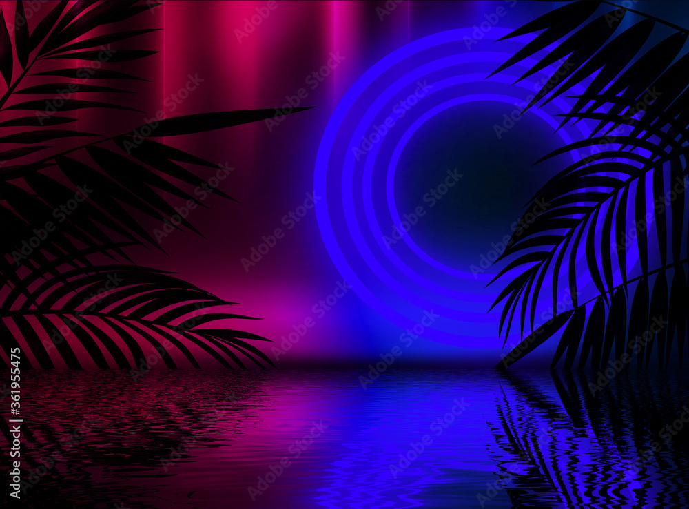 Fototapeta Neon dark background, bright light, reflection in the water. Light neon effect, energy waves on a dark abstract background. Laser colorful neon show.