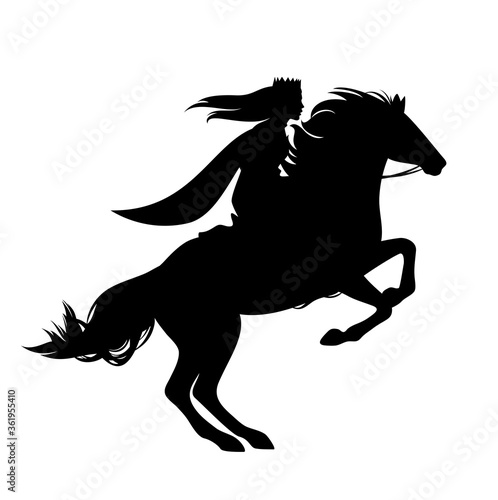 beautiful young princess wearing royal crown riding rearing up horse - fairy tale queen black and white vector silhouette