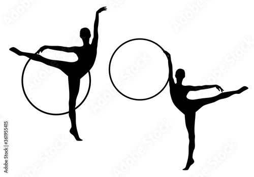 elegant slim woman standing with hula hoop - rhythmic gymnastics black and white vector silhouette set