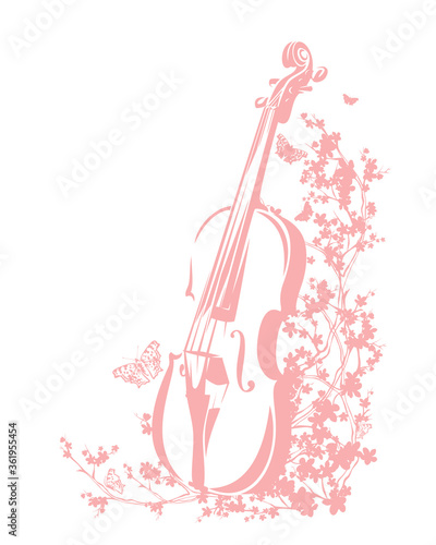 violin among blooming cherry tree branches and flying butterflies - spring season musical instrument floral vector outline