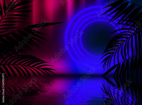 Neon dark background, bright light, reflection in the water. Light neon effect, energy waves on a dark abstract background. Laser colorful neon show.