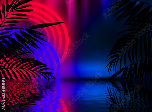Neon dark background, bright light, reflection in the water. Light neon effect, energy waves on a dark abstract background. Laser colorful neon show.