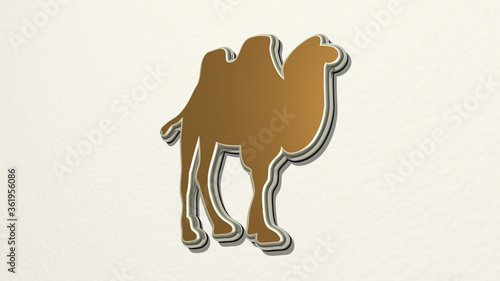 two hump camel on the wall. 3D illustration of metallic sculpture over a white background with mild texture. animal and desert