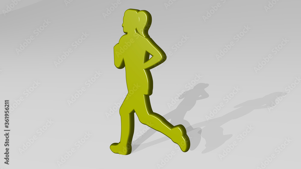running athletic woman from a perspective with the shadow. A thick sculpture made of metallic materials of 3D rendering. illustration and background running athletic woman from a perspective with the shadow. A thick sculpture made of metallic materials of 3D rendering. illustration and background