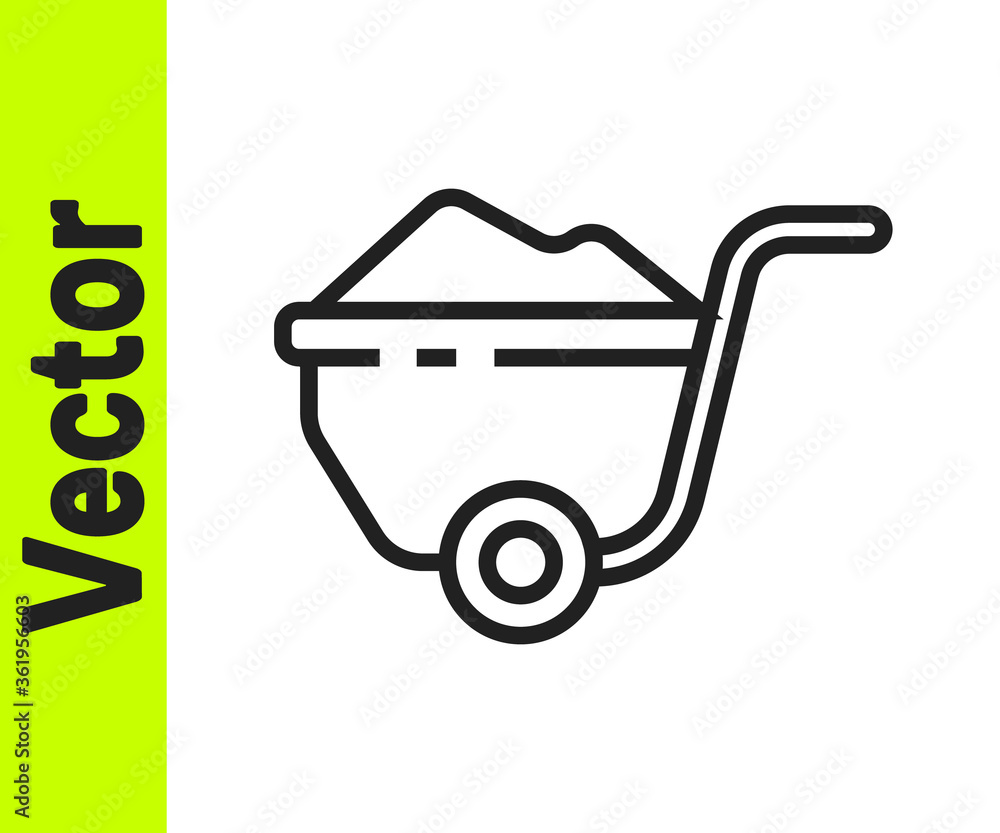 Black line Wheelbarrow with dirt icon isolated on white background. Tool equipment. Agriculture cart wheel farm. Vector Illustration. Black line Wheelbarrow with dirt icon isolated on white background. Tool equipment. Agriculture cart wheel farm. Vector Illustration.