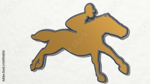 HORSE RIDING made by 3D illustration of a shiny metallic sculpture on a wall with light background. animal and beautiful