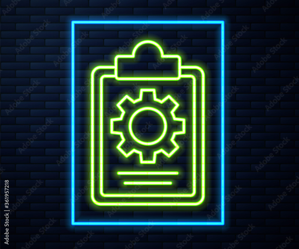 Glowing neon line Checklist clipboard with 24 hours service icon isolated on brick wall background. Vector Illustration. Glowing neon line Checklist clipboard with 24 hours service icon isolated on brick wall background. Vector Illustration.