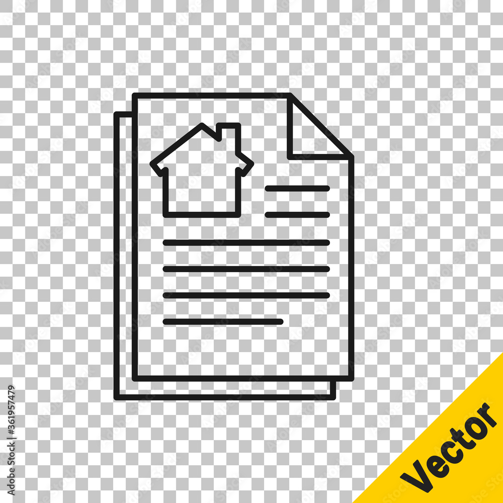 Black line House contract icon isolated on transparent background. Contract creation service, document formation, application form composition. Vector Illustration.