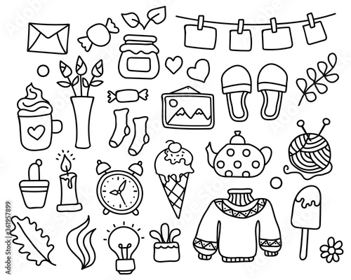 Set of doodle home elements. Vector hand drawn hygge illustration. Collection line and outline cozy objects.  Isolated on white background. For design, web, graphic. 
