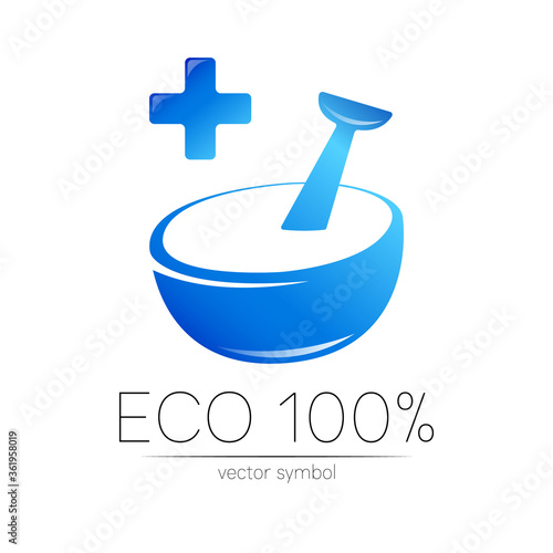 Vector mortar and pestle blue symbol logo with cross. Ecology icon concept for medicine, vegetarian, therapy, pharmacology and business. Organic sign illustration. Modern logotype or label.