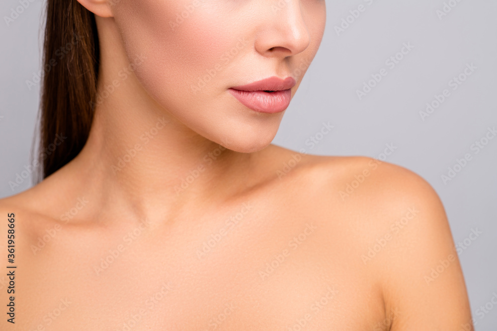 Closeup cropped profile photo of attractive lady nude shoulders plump perfect shape lips after injecting enhancement fillers ideal contour cheek line isolated grey color background Closeup cropped profile photo of attractive lady nude shoulders plump perfect shape lips after injecting enhancement fillers ideal contour cheek line isolated grey color background