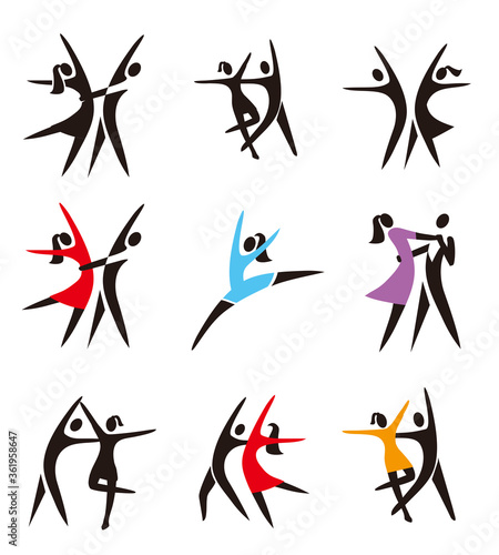 Couple  ballroom dancing  ballet icons. Set of black and colorful dance symbols.Isolated on white background.  Vector available.