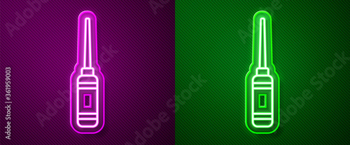 Glowing neon line Awl tool with wooden handle icon isolated on purple and green background. Work equipment tailor industry. Vector Illustration.