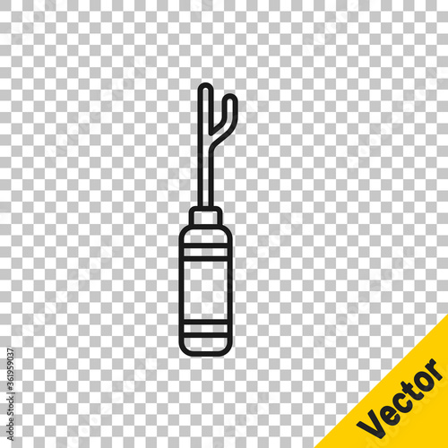 Black line Awl tool with wooden handle icon isolated on transparent background. Work equipment tailor industry. Vector Illustration.