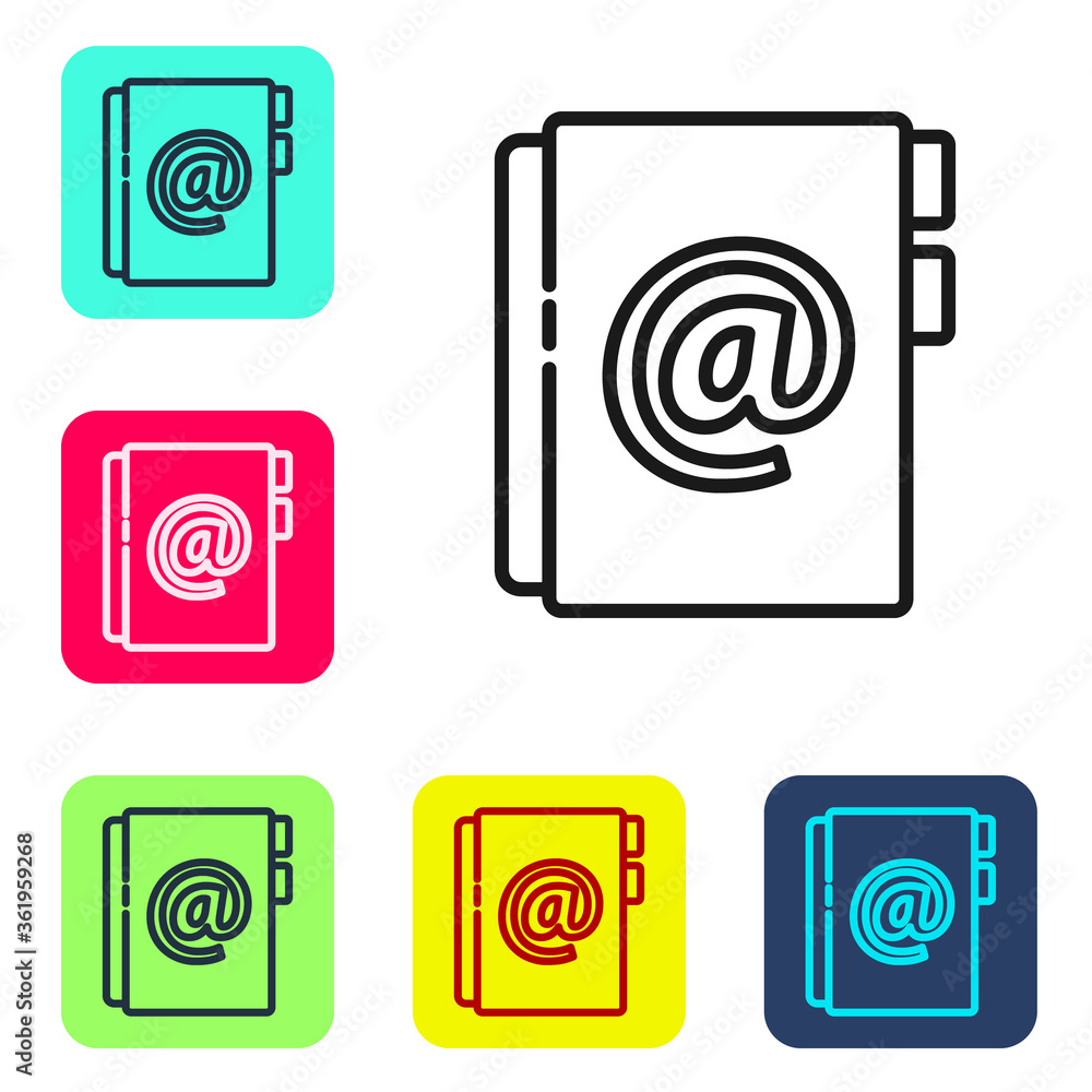 Black line Address book icon isolated on white background. Notebook, address, contact, directory, phone, telephone book icon. Set icons in color square buttons. Vector Illustration. Black line Address book icon isolated on white background. Notebook, address, contact, directory, phone, telephone book icon. Set icons in color square buttons. Vector Illustration.
