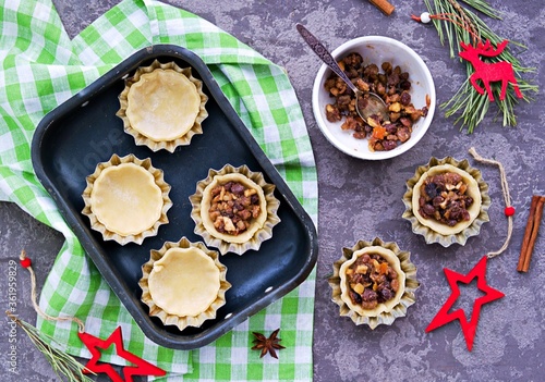 Step-by-step cooking of mince pies traditional British Christmas shortcrust pastry cakes stuffed with dried fruits, nuts and apples.