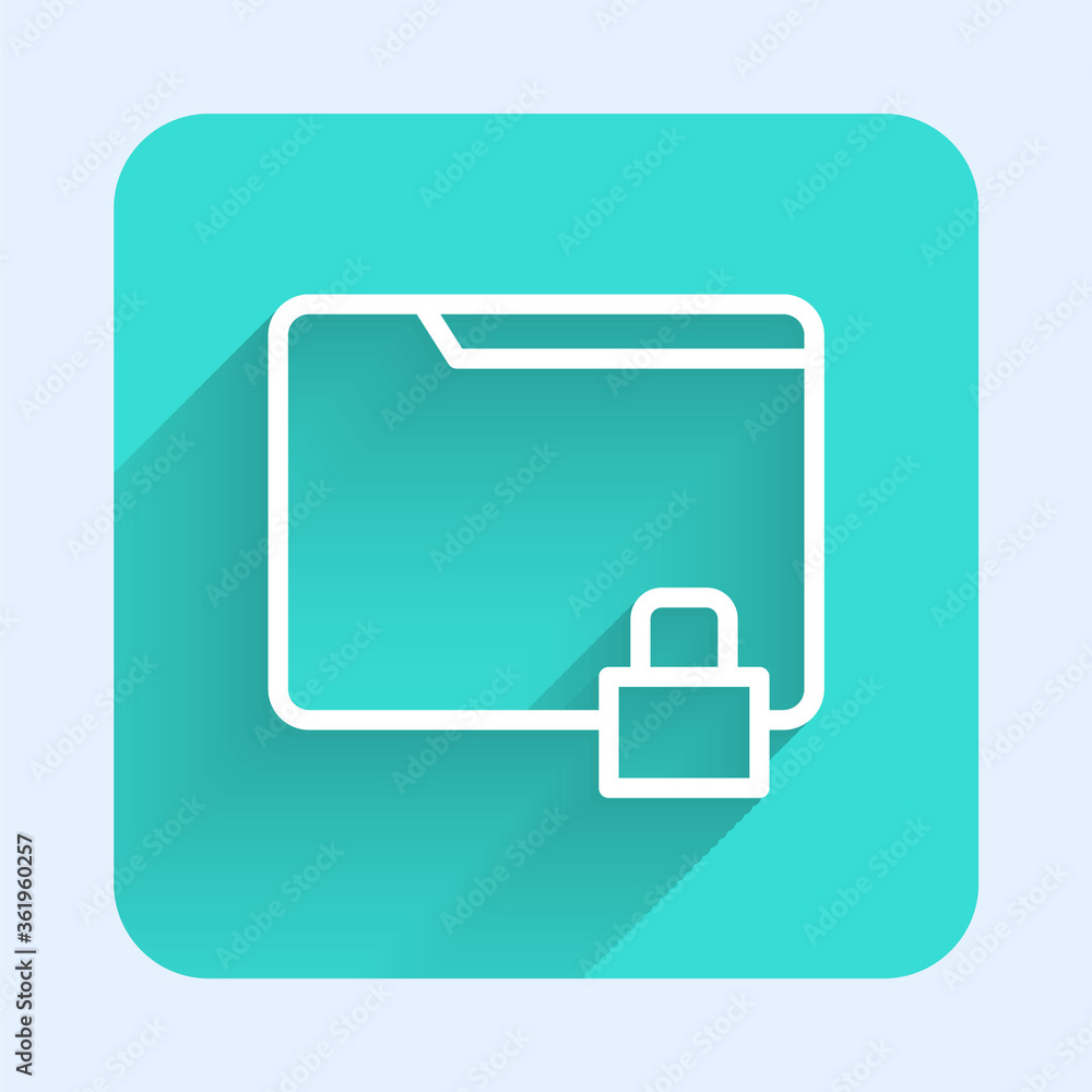 White line Folder and lock icon isolated with long shadow. Closed folder and padlock. Security, safety, protection concept. Green square button. Vector Illustration. White line Folder and lock icon isolated with long shadow. Closed folder and padlock. Security, safety, protection concept. Green square button. Vector Illustration.