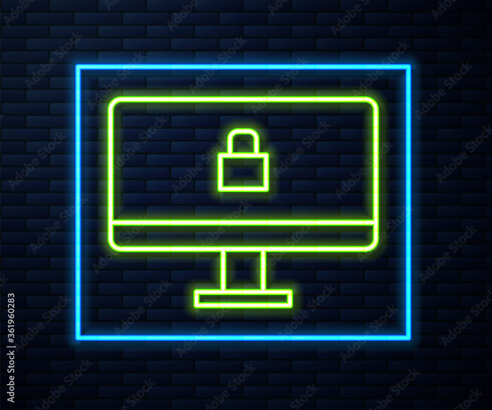 Glowing neon line Lock on computer monitor screen icon isolated on brick wall background. Security, safety, protection concept. Safe internetwork. Vector Illustration. Glowing neon line Lock on computer monitor screen icon isolated on brick wall background. Security, safety, protection concept. Safe internetwork. Vector Illustration.