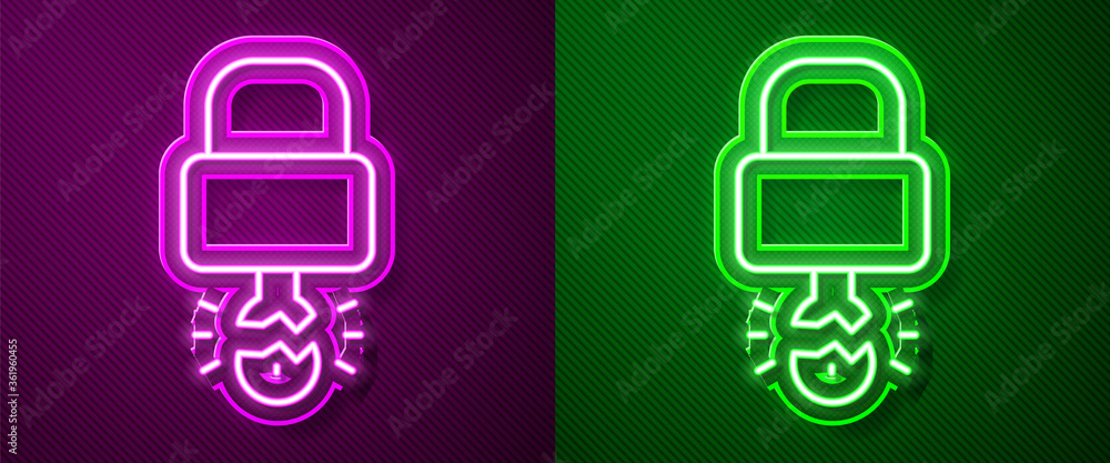 Glowing neon line Key broke inside of padlock icon isolated on purple and green background. Padlock sign. Security, safety, protection, privacy concept. Vector Illustration. Glowing neon line Key broke inside of padlock icon isolated on purple and green background. Padlock sign. Security, safety, protection, privacy concept. Vector Illustration.