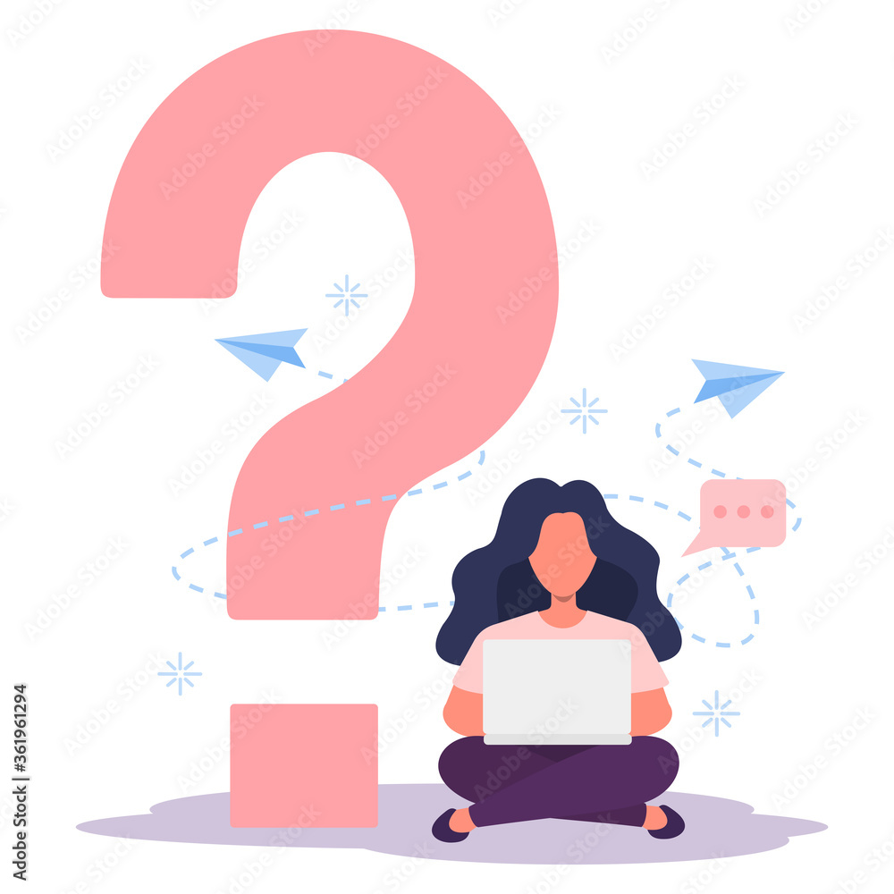 Girl, woman  looking at the laptop. Question mark symbol. Worker, student, character does not understand the teacher's task or question. Looking for answer in the Internet. Vector flat illustration.