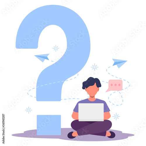 Boy, man looking at the laptop. Question mark symbol. Worker, student, character does not understand the teacher's task or question. Looking for answer in the Internet. Vector flat illustration.