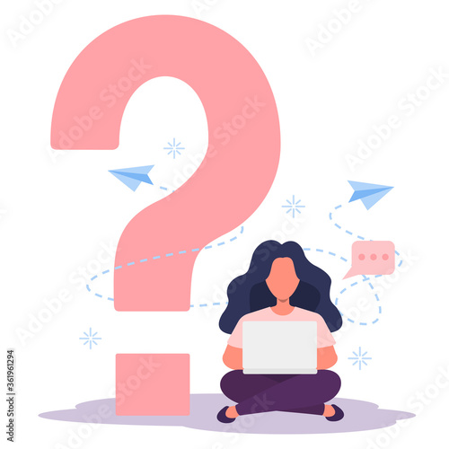 Girl, woman  looking at the laptop. Question mark symbol. Worker, student, character does not understand the teacher's task or question. Looking for answer in the Internet. Vector flat illustration.