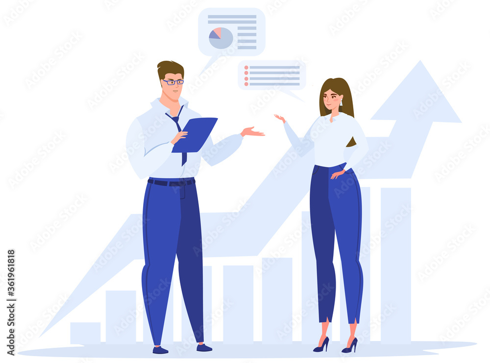 Colleagues discuss work issues. Girls and men are talking about business. Teamwork, performance growth. Flat vector illustration. Colleagues discuss work issues. Girls and men are talking about business. Teamwork, performance growth. Flat vector illustration.