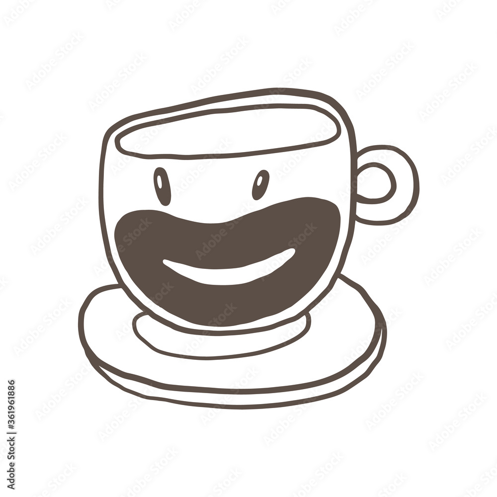 Hand drawn simple style illustration of hot beverages, tea or coffee. Funny smiling breakfast cartoon characters. Hand drawn simple style illustration of hot beverages, tea or coffee. Funny smiling breakfast cartoon characters.