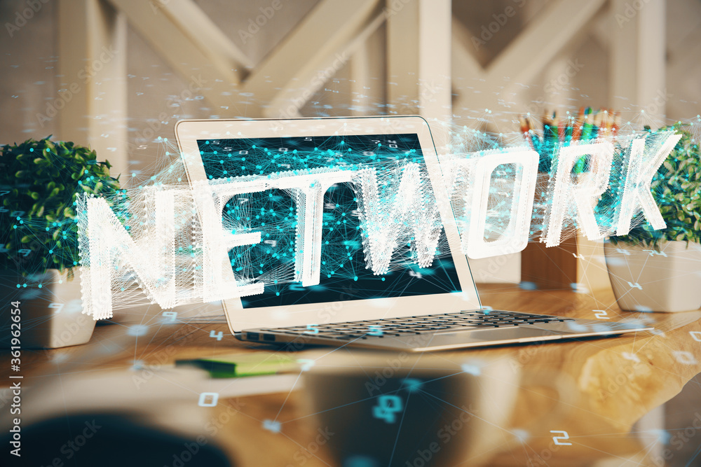 Double exposure of desktop with personal computer on background and ...