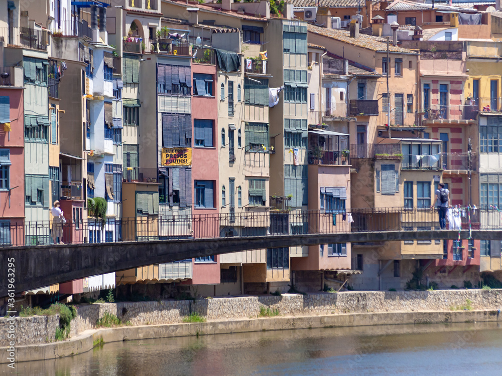 Colorful facades of Girona City (Spain), View  over Onyar river