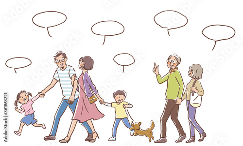 Speech bubble with hand drawn illustration of a walking family