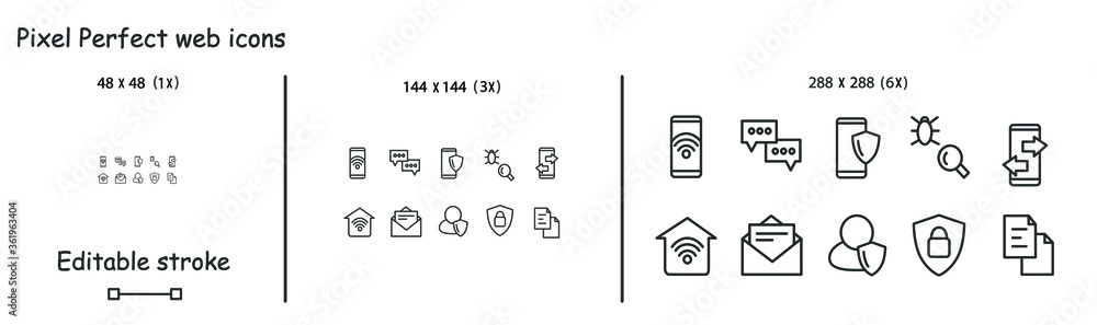 Mobile technology icons set. Concept line pictograms for wireless connection security audit and user data protection. Safe data transfer 48, 144,288 pixel perfect editable stroke vector illustrations Mobile technology icons set. Concept line pictograms for wireless connection security audit and user data protection. Safe data transfer 48, 144,288 pixel perfect editable stroke vector illustrations