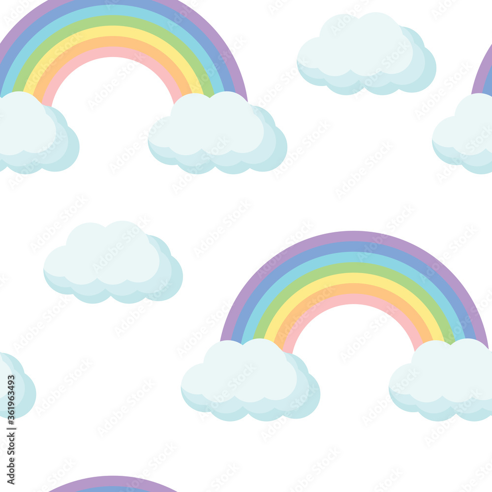 Seamless background with rainbow and clouds for fabric, decorative paper, web. Pastel vector illustration on white background. Seamless background with rainbow and clouds for fabric, decorative paper, web. Pastel vector illustration on white background.