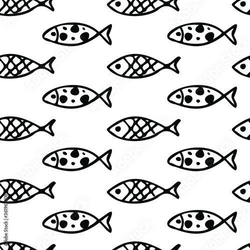 Seamless vector pattern. Doodle fish on a white background. Cartoon contour black and white hand drawing. Print for textiles, postcards, wrapping paper, packaging, and covers.
