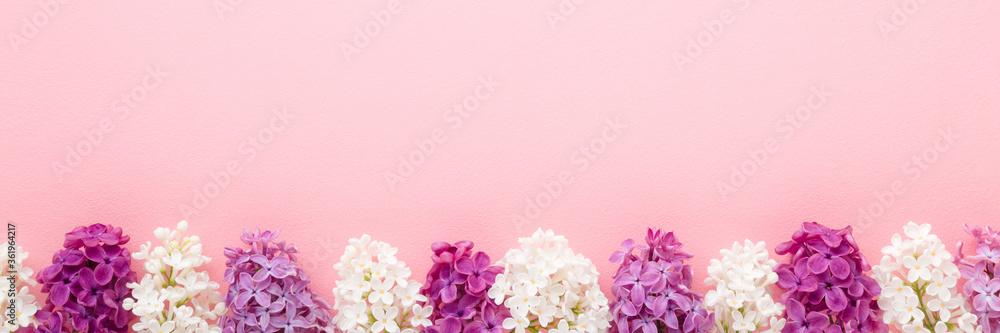Fresh pink, purple and white lilac blossoms on light table background. Pastel color. Beautiful colorful flower wide banner. Empty place for inspirational text, lovely quote or positive sayings.