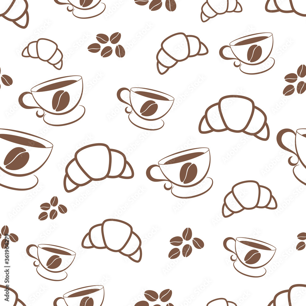 Seamless pattern of coffe in beans, a cup and a roll. Vector illustration Seamless pattern of coffe in beans, a cup and a roll. Vector illustration