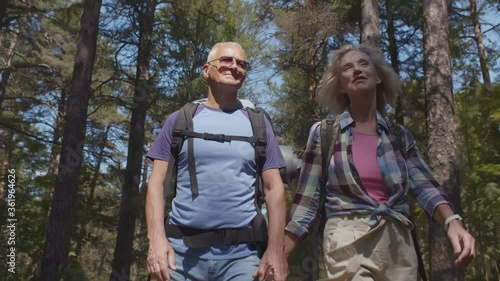 Wallpaper Mural Active senior couple holding hands enjoying hike trip in beautiful summer forest Torontodigital.ca