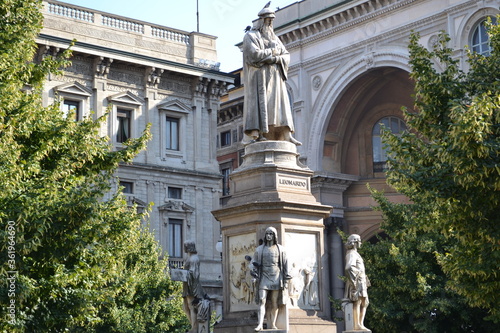 MILAN, ITALY – AUGUST 23, 2013: The Monument of Leonardo da Vinci by the side of the Theatre La Scala, Milan, Italy