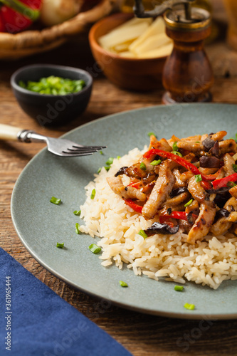Pork chop with peppers, mushrooms and bamboo. Served with rice.