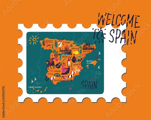 Vector stamp with themap of Spain and writing Welcome to Spain hand-drawn on a yellow background on posters or travel guides. Vector illustration