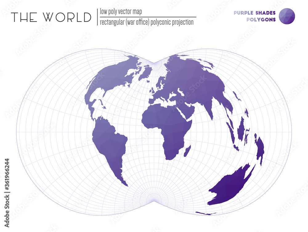 Low poly world map. Rectangular (War Office) polyconic projection of the world. Purple Shades colored polygons. Stylish vector illustration. Low poly world map. Rectangular (War Office) polyconic projection of the world. Purple Shades colored polygons. Stylish vector illustration.