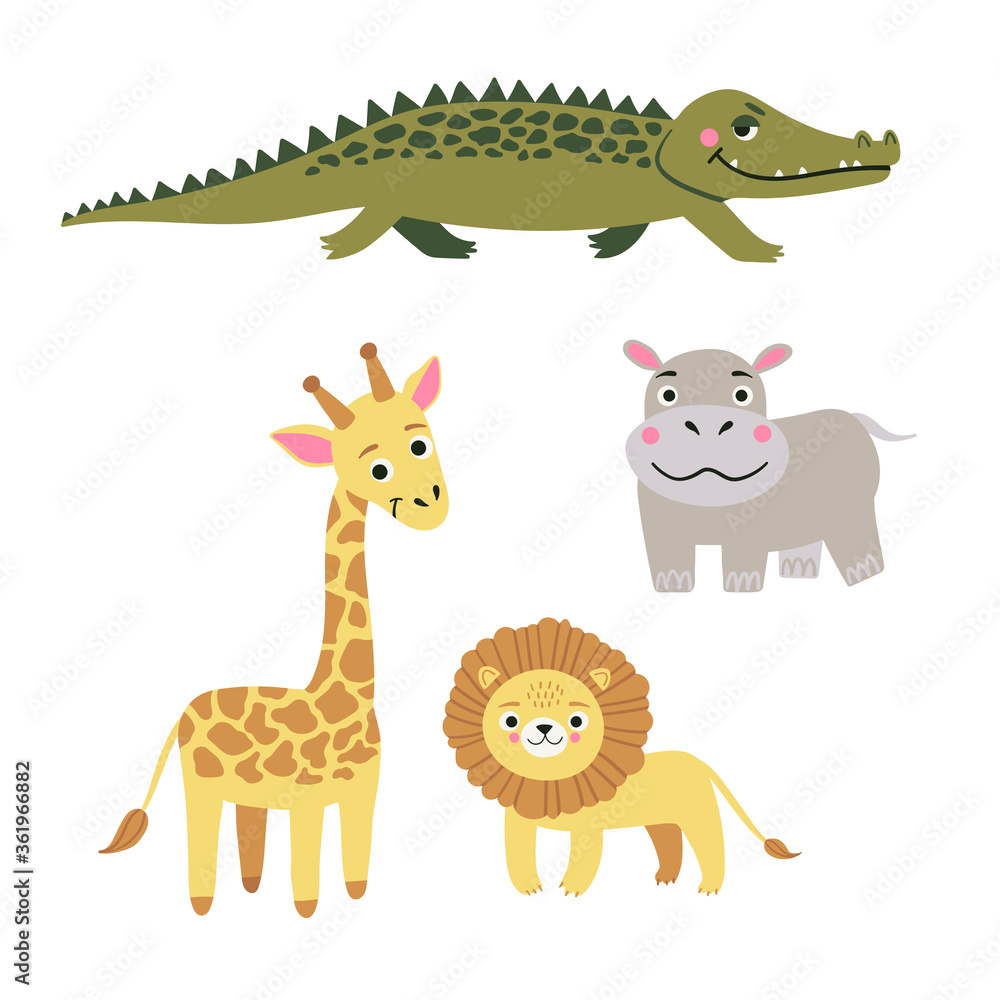 Fototapeta premium Set of wild exotic animals living in savannah or tropical jungle. Vector illustration isolated on white background.