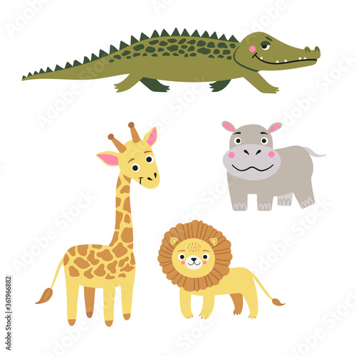 Set of wild exotic animals living in savannah or tropical jungle. Vector illustration isolated on white background.