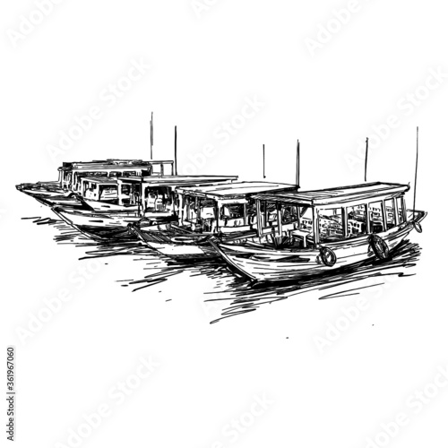 Drawing of the boats at the port in Vietnam Hoi An 