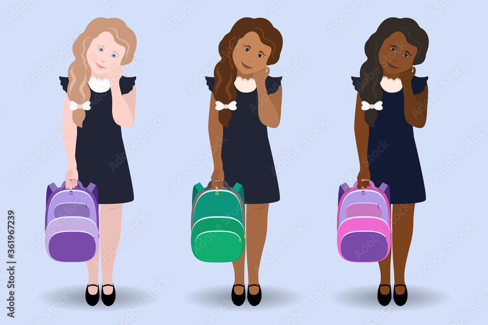 Obraz premium Cute girls in school uniform with backpacks. Vector illustration of schoolgirls of different race and nationality. Back to school
