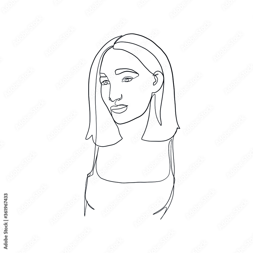 Portrait of woman drawn in one continuous black line on white background. Beautiful girl. Minimalism art. Tattoo sketch. Linear silhouette. Portrait of woman drawn in one continuous black line on white background. Beautiful girl. Minimalism art. Tattoo sketch. Linear silhouette.