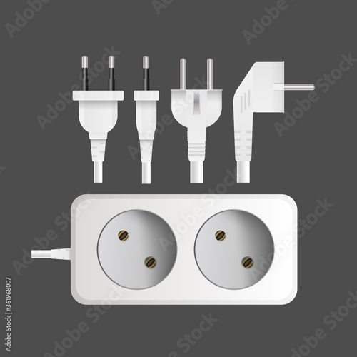 White extension cord with two outlets. Portable socket. Realistic style. Vector.