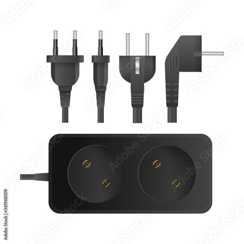 Black extension cord with two sockets. Portable socket. Set of plugs for sockets. Realistic style. Vector.