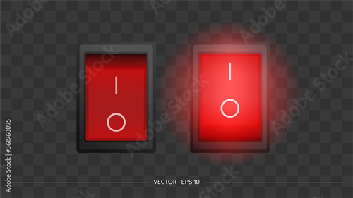 Set of red square on and off buttons. Isolated. Vector.